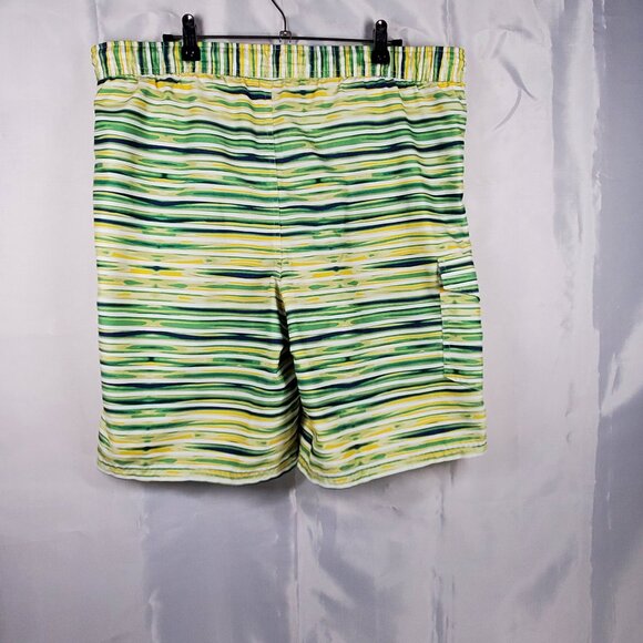 Izod Board Shorts Yellow Green Blue Stripe 3 Pockets Swim Trunks Mesh Men Sz M - Picture 2 of 10